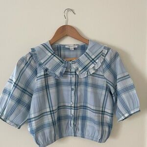 American Eagle Blue Cropped Blouse with Puff Sleeves
